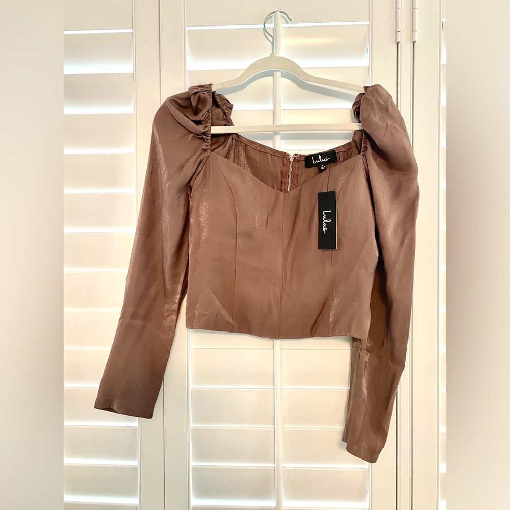 Lulu's Tan Long Sleeve Crop Blouse